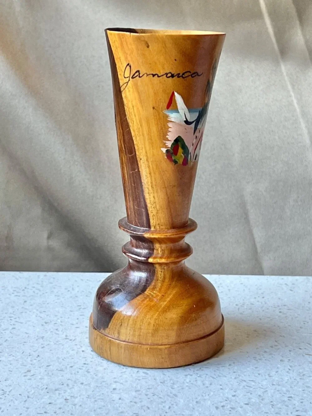 Signed Jamaican Wooden Vase W/ Hand-Painted Tropical Scene Signed 5.5" Handmade - Picture 2 of 10